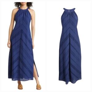 Tommy Bahama Island Diamond Maxi Dress Eyelet Navy Blue Size Small S 100% Cotton